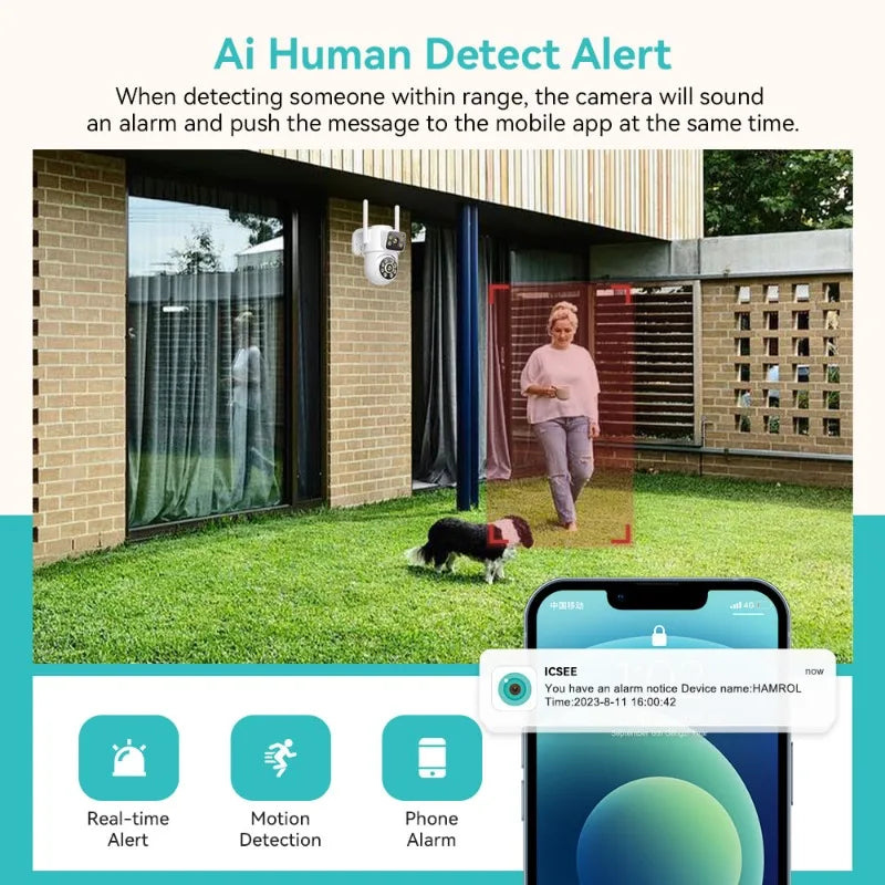 4K 8MP PTZ WiFi Surveillance Camera Dual Screen AI Human Detection Wireless Outdoor IP66 Waterproof CCTV Security P2P iCSee APP