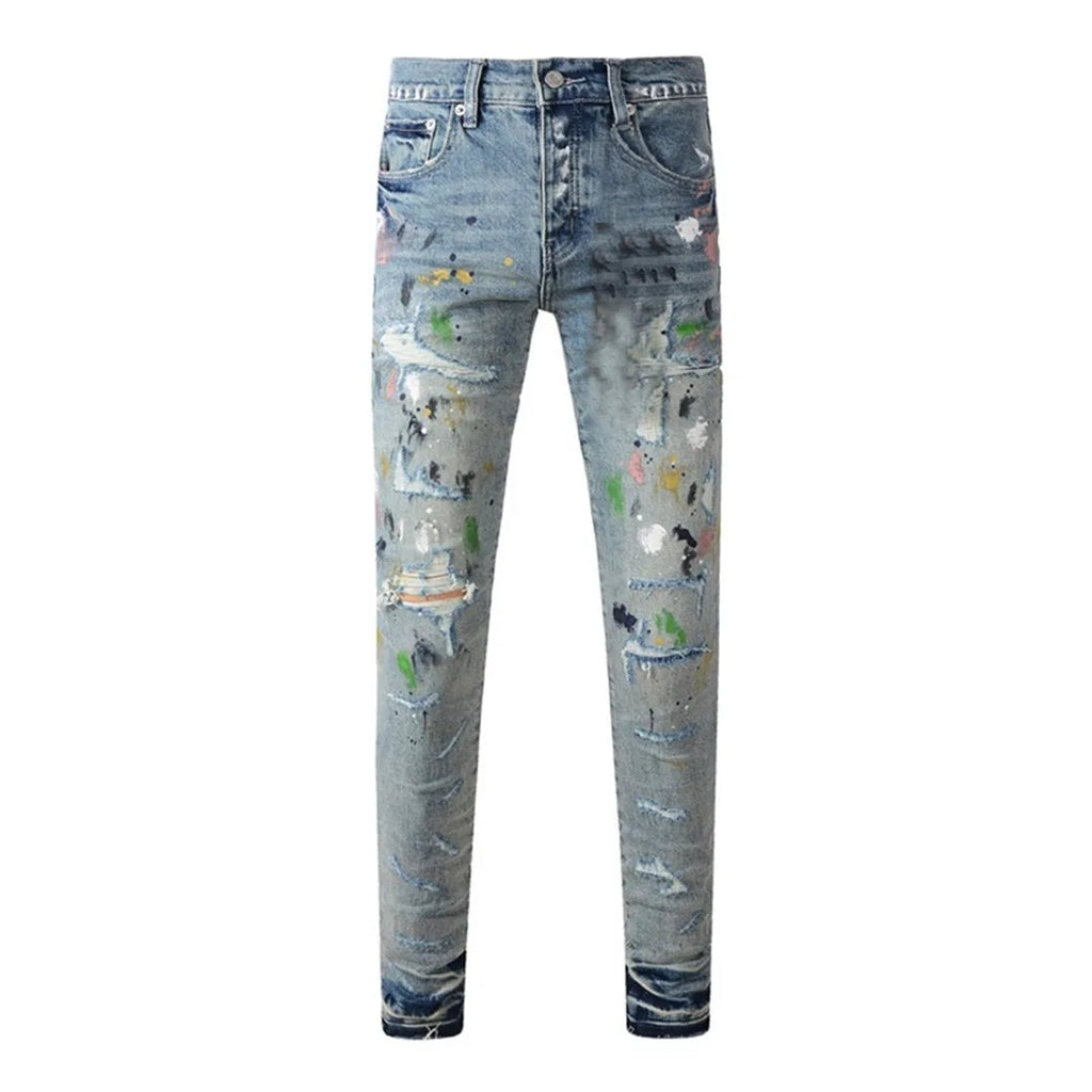 High Street American Distressed Men's Jeans Fashion Brand Coated Blank Stretch Skinny Button Fly Ripped Pants Trousers