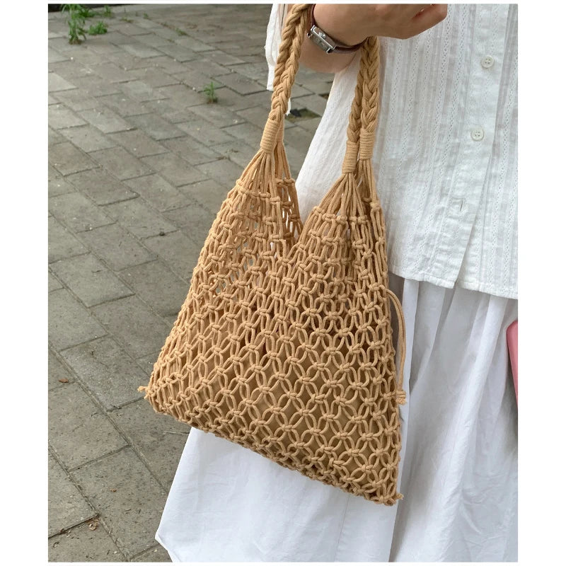 Hollow Crochet Mesh Woven Shoulder Bag With Inner Pocket,Women Solid Color Handbag,Summer Work Beach Vacation Commuting Tote Bag