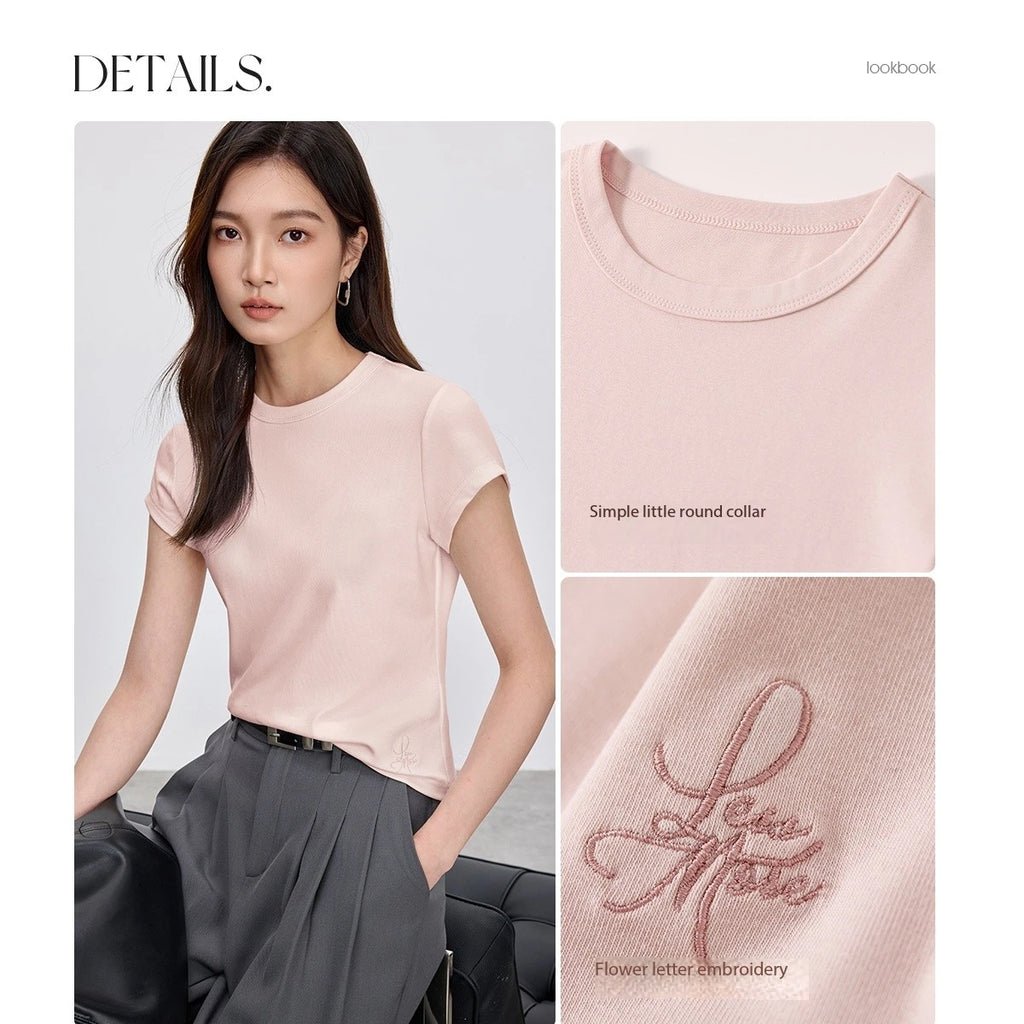SENTUBILA Solid Color Women's T-shirt 2025 Spring Summer Fashion Embroidery Knit Basic Crewneck Short Sleeve Tops 152T59063