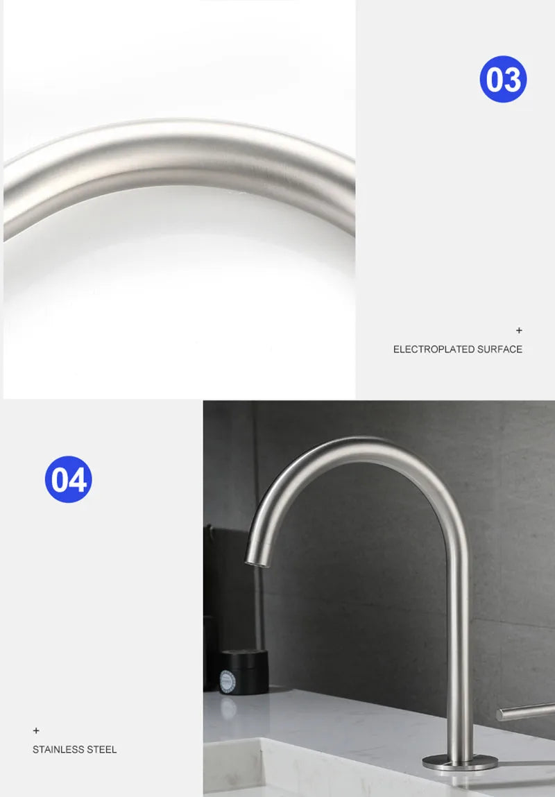 304 Stainless Steel Widespread Bathroom Basin Faucet Hot and Cold Mixed Water Wash Basin Faucet Deck Mounted Nickel /Black