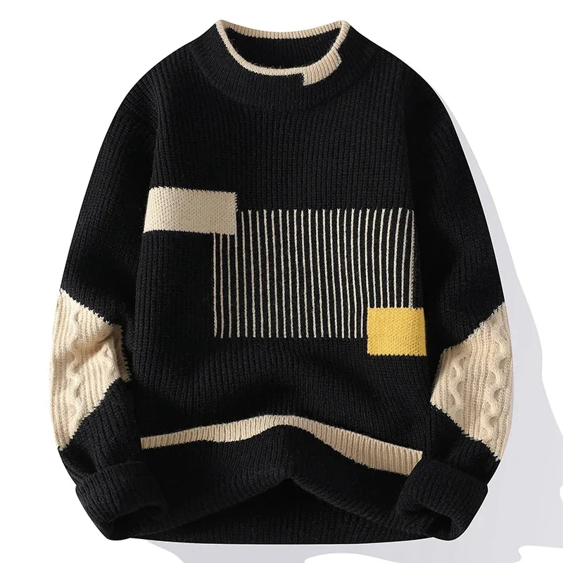 Mock Neck Knitted Sweater Men Women Autumn Winter Daily Casual Warm Knitting Pullovers Men's Fashion Patchwork Pullover Sweaters