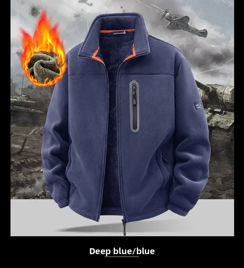 Winter Thickened Windproof Stand Collar Zipper Jacket for Men Casual Outdoor Fleece-Lined Coat Embroidered Men's Warm Jackets