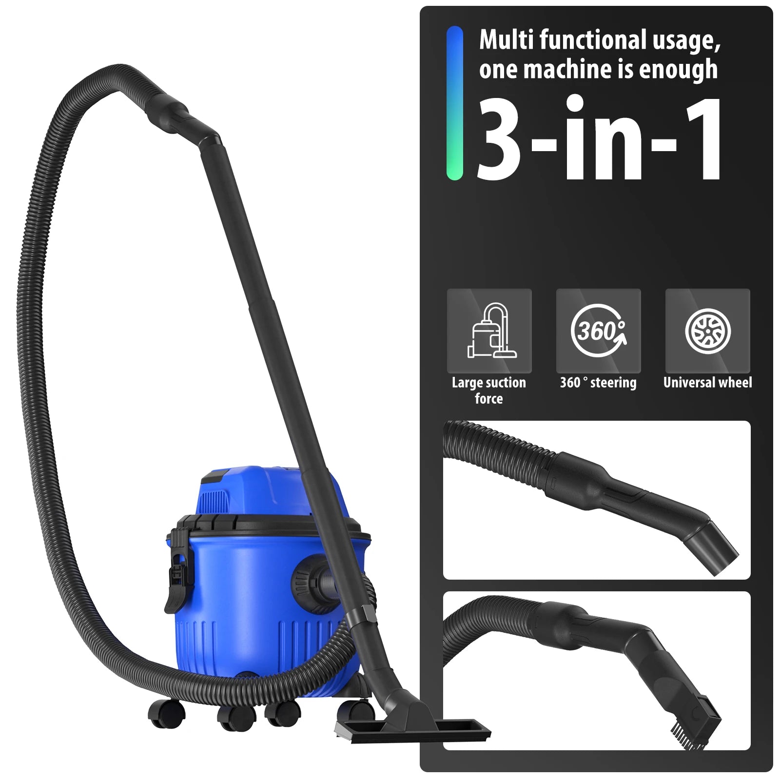 BRIEFNESS 3-in-1 Wet/dry Vacuum Cleaner Industrial Barrel Vacuum Cleaner W/Blowing Function Multi-Function Bagless 16KPA 15L