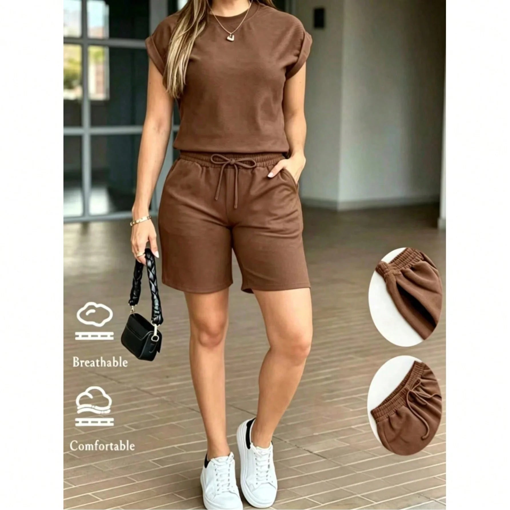 Women's Two-Piece Set, Solid Color Casual Pocket Drawstring Shorts Set, Two-Piece Home Wear for Spring and Summer