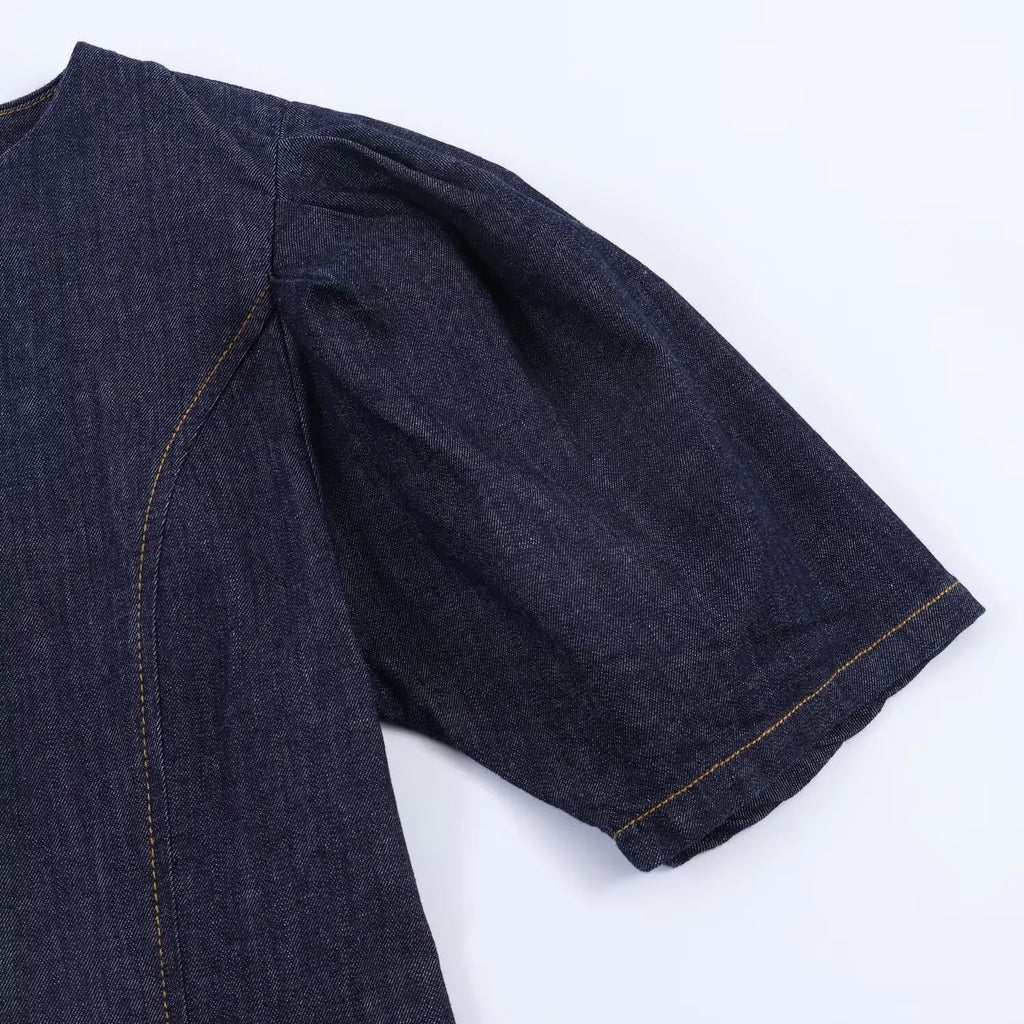HH Summer Women Fashion O-Neck Bubble Sleeve Denim Dress Back Zipper Sexy Solid Dress Woman Holiday Party Mini 2026 Dress