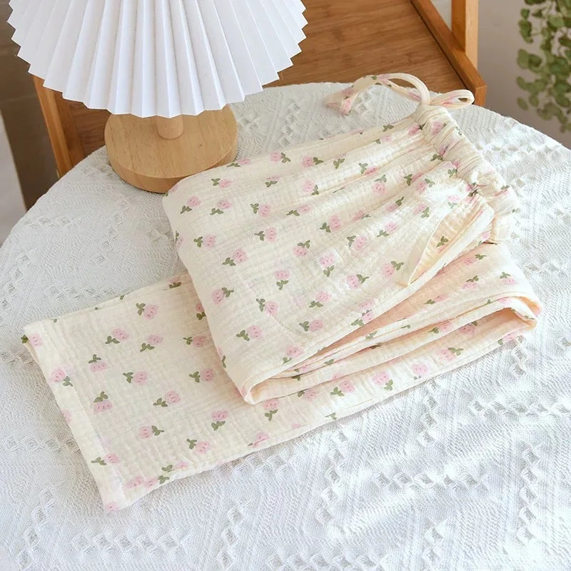 2023 Winter Women's Long Sleeved Pants Pajamas 100% Cotton Tulip Printing Home Service Set Simple Comfortable Pajamas Set