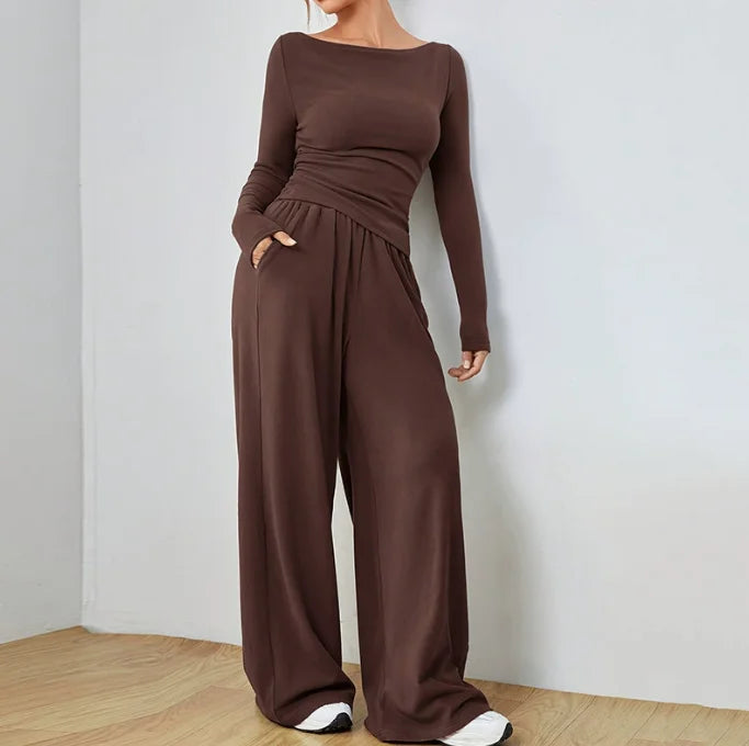 Trendy Slim Solid Color Trousers Suit For Women Simple Slim Irregular T-shirt Wide-leg Trousers Two-piece Casual Spring Suit
