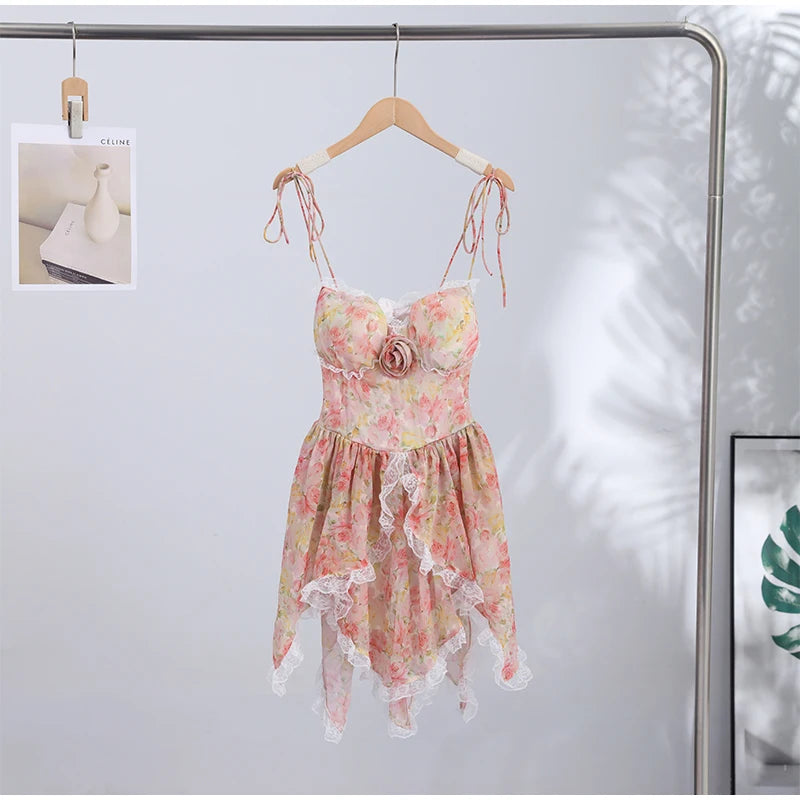 Sexy Print Spaghetti Strap Dresses Women's Sweet Sleeveless Backless Lace-up Puffy Mini Dress 2026 Summer Waist-cinching Gowns