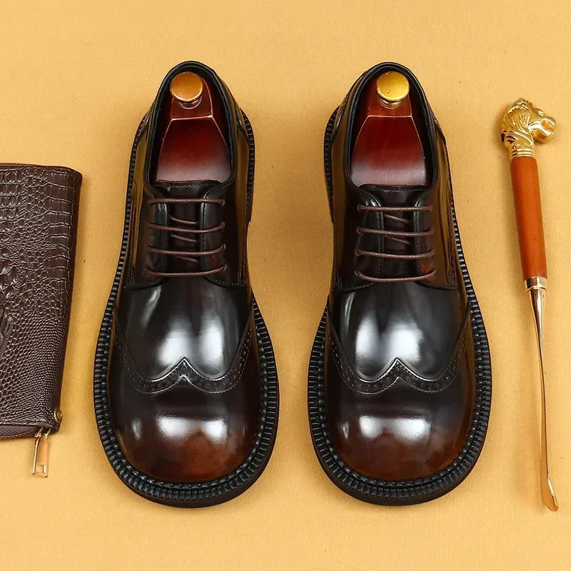 Retro Mens Dress Brogues Shoes Luxury Genuine Leather Round Toe Handmade Fashion Flat Autumn Black Wedding Social Shoes Man 2025