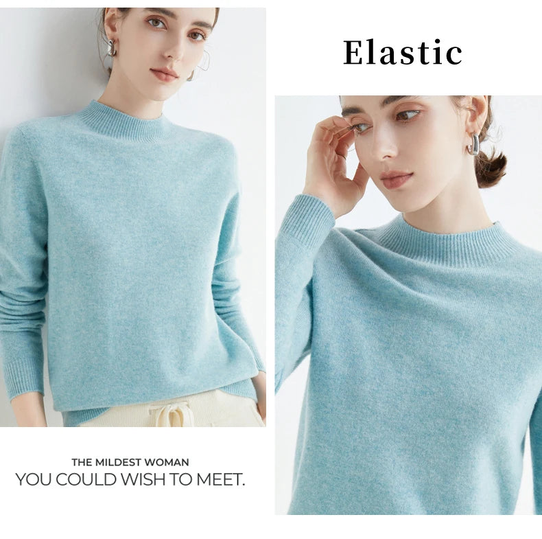 First-Line Seamless Women's Half-Turtleneck 100% Pure Wool Sweater Solid Color Long Sleeve Pullover Knitted Bottoming Sweater