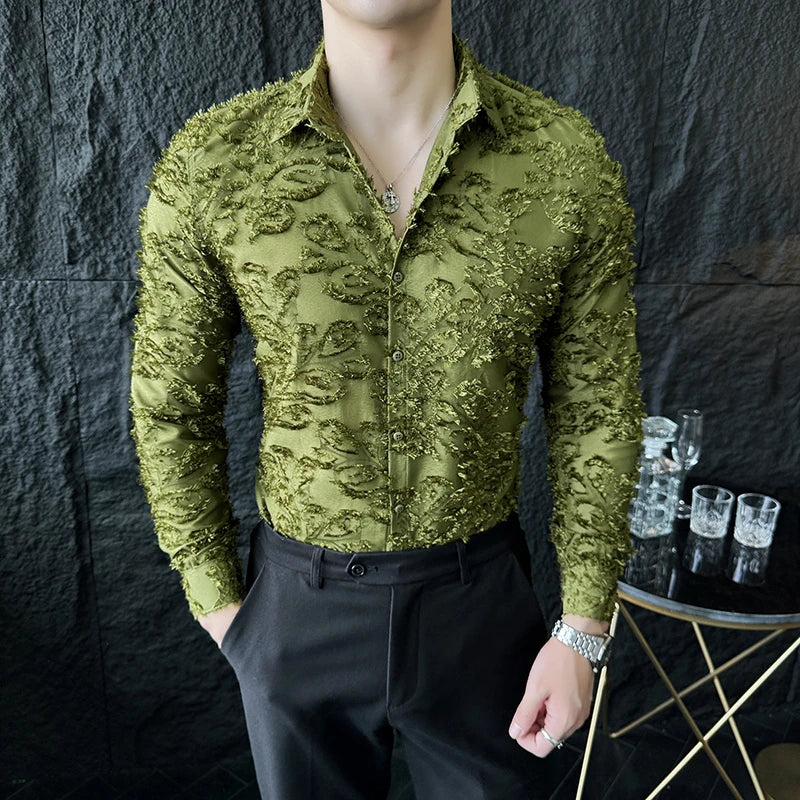 Tassels Shirts For Men Korean New Autumn Winter Long Sleeve Men's Social Shirt Slim Fit All Match Plain Color Blouse Homme 4XL-M