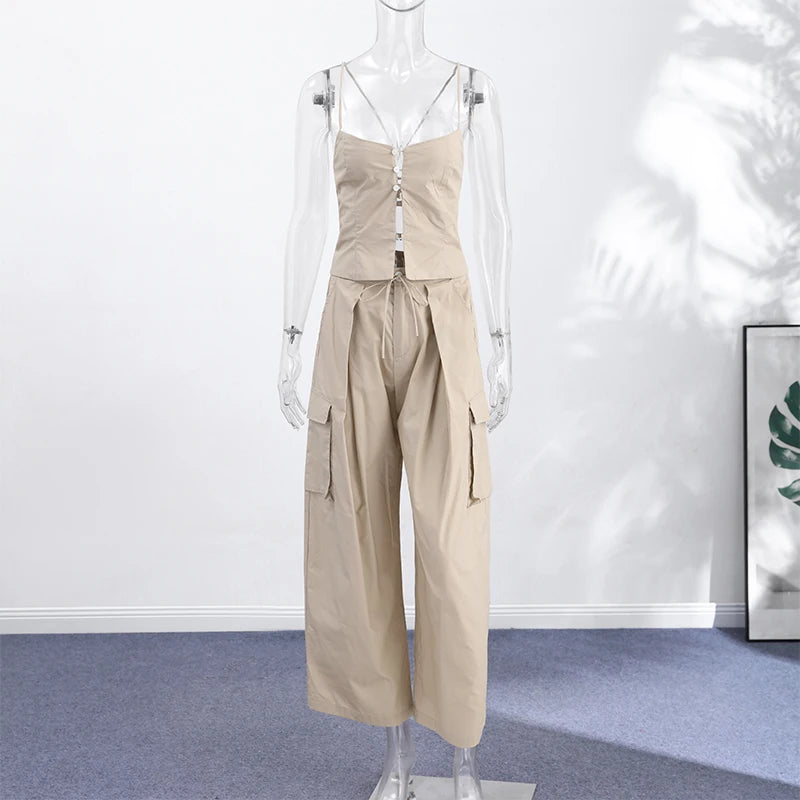 Women 2 Piece Pant Sets Women Khaki Spaghetti Strap Corset Cami Top Pocket Wide Leg Cargo Pants 2026 Matching Vacation Outfits