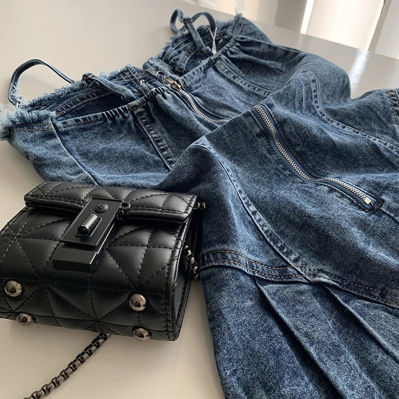 Sexy Mini Spaghetti Strap Lace-Up Jeans Dress Women 2024 New Trendy Summer Girls Dress Fashion Ripped Tassel Denim Dress Female