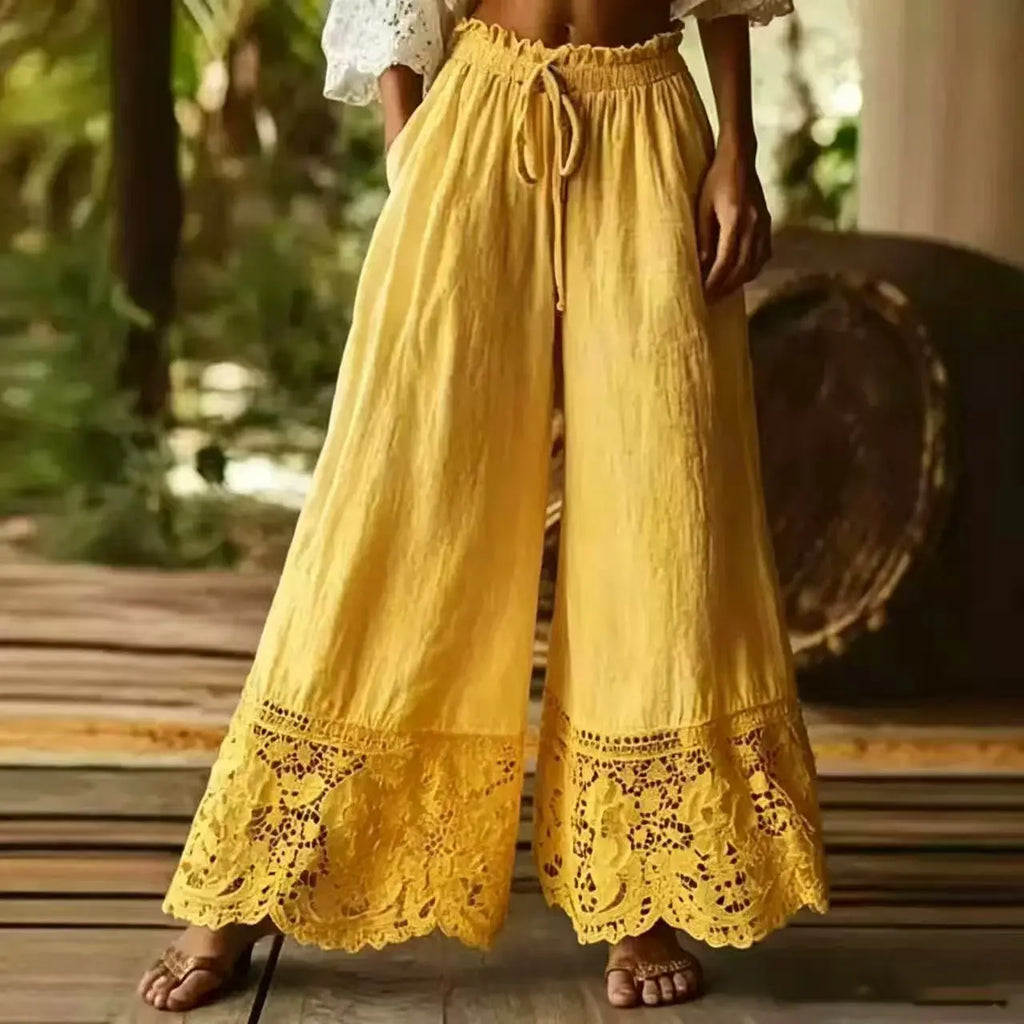 Women's Wide Leg Pants High Waist Drawstring Lace Trim Palazzo Trousers Casual Vintage Loose Elastic Waist Summer Beach Pants