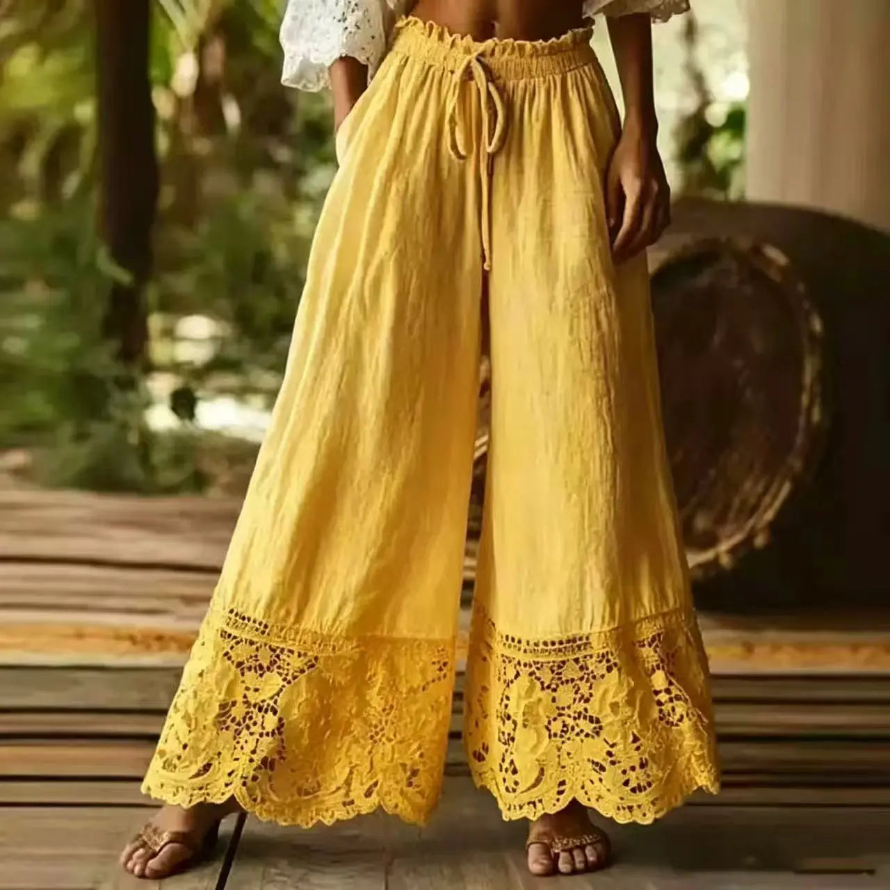 Women's Wide Leg Pants High Waist Drawstring Lace Trim Palazzo Trousers Casual Vintage Loose Elastic Waist Summer Beach Pants