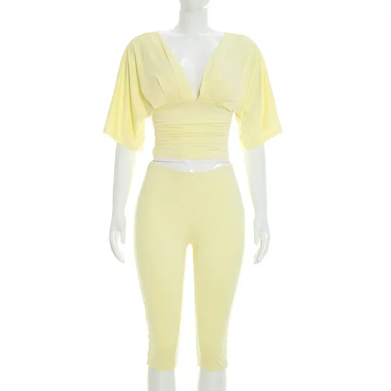 Women Sexy 2 Piece Pant Sets Summer Club Party Batwing Sleeve V Neck Crop Top Capri Pants Matching Set Beach Vacation Outfits