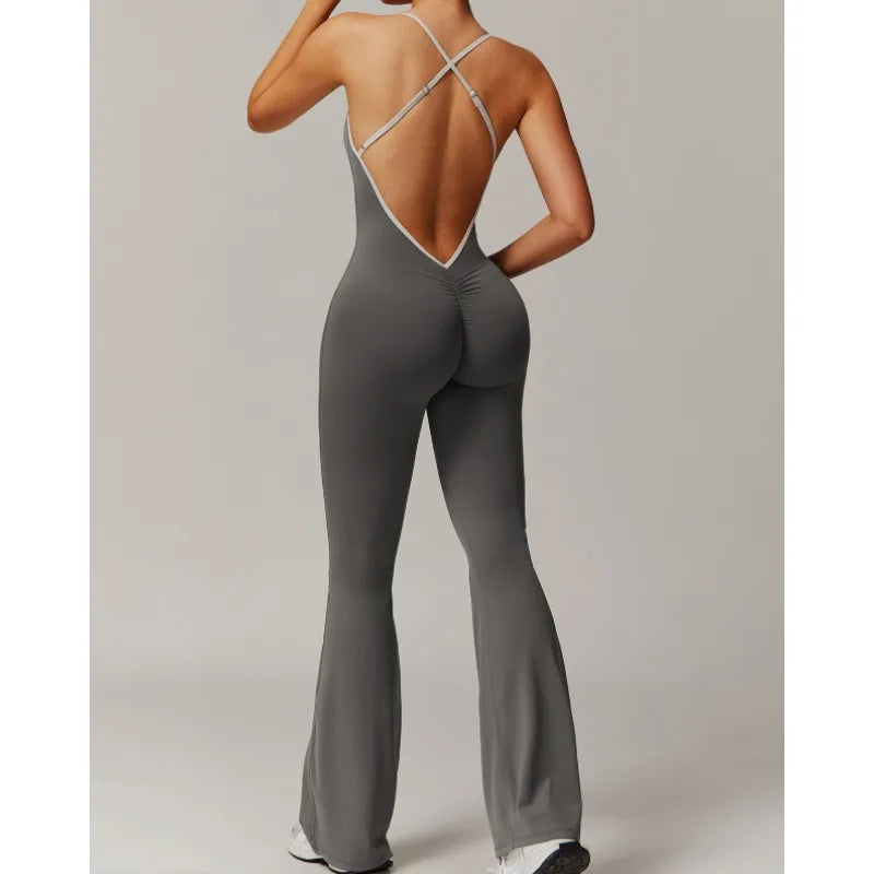Summer V Back One-piece Suit Women Sports Jumpsuit  Yoga Rompers Backless Sportswear Women Sleeveles Workout Bodysuits