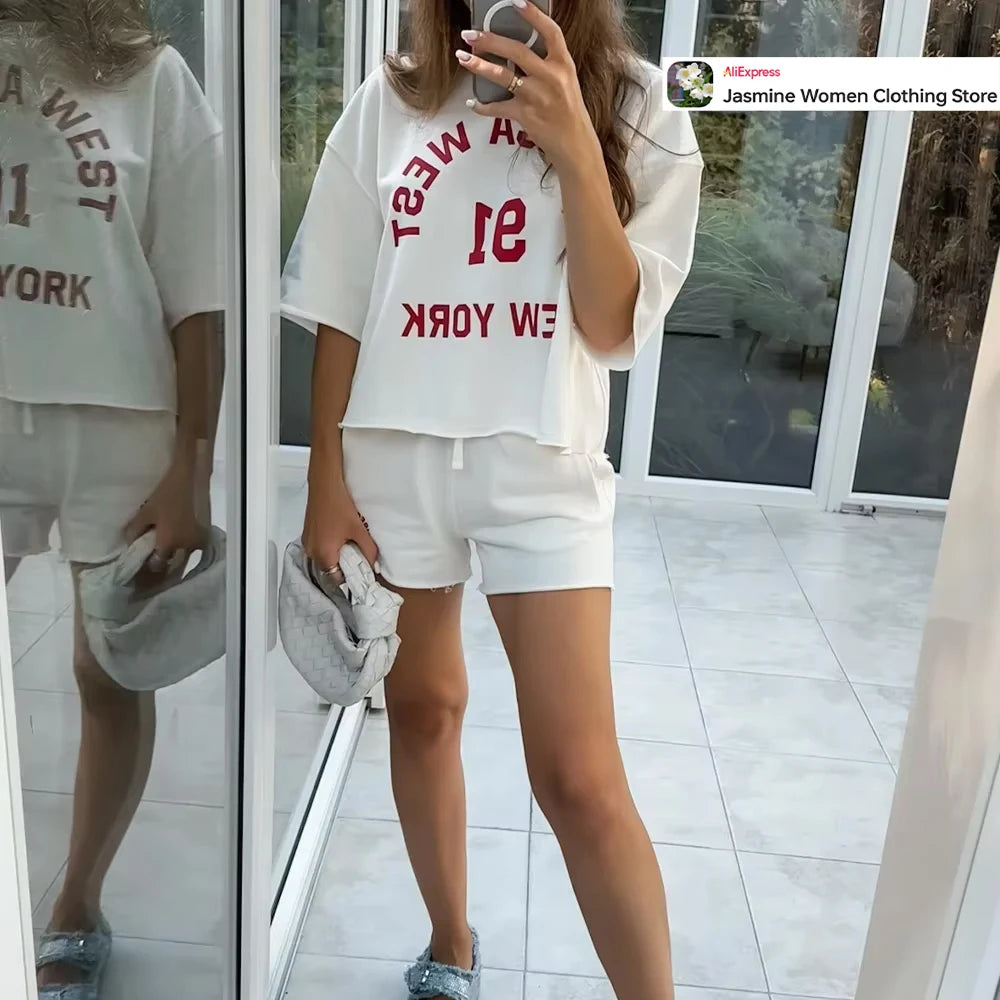 Plush Ensemble Femme 2 Piece COTTON Short Sets for Women Two Colors Text Print O-neck Sweatshirts + Mid Elastic Waistband Shorts
