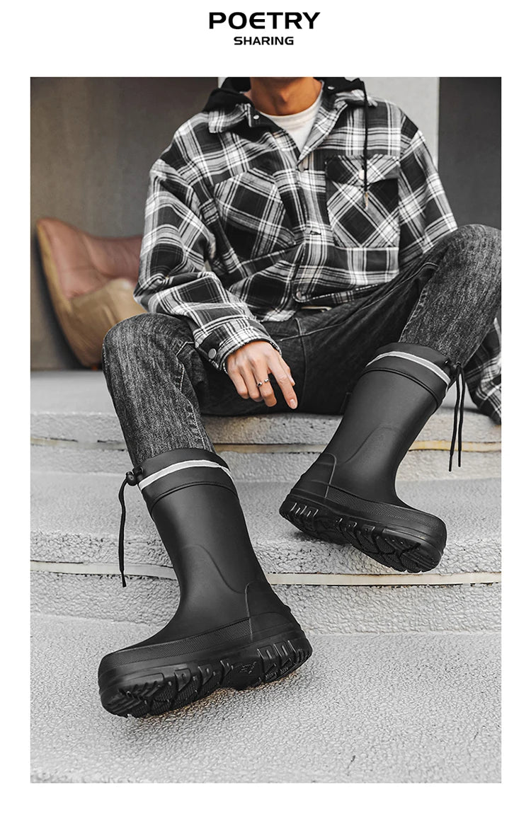 Men's Winter Fleece Lined Mid-Calf Rain Boots Anti-Slip Waterproof Work Rubber Boots Car Wash Fishing Outdoor Wear Water Shoes