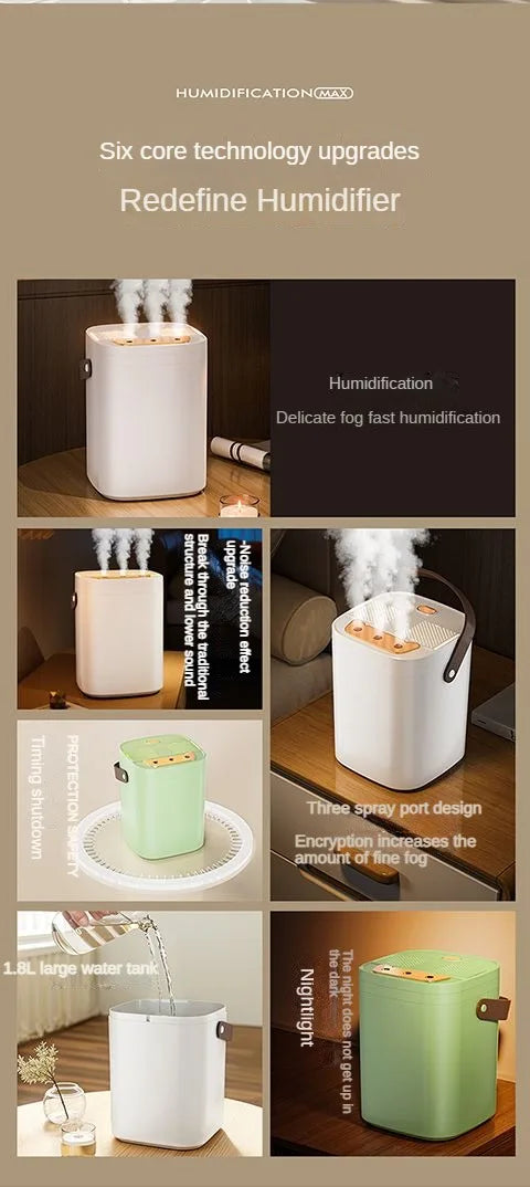 1.8L Large Capacity USB Three Nozzle Humidifier Household Air Humidifier with Aromatherapy Diffuser LED Night Light Spray Functi