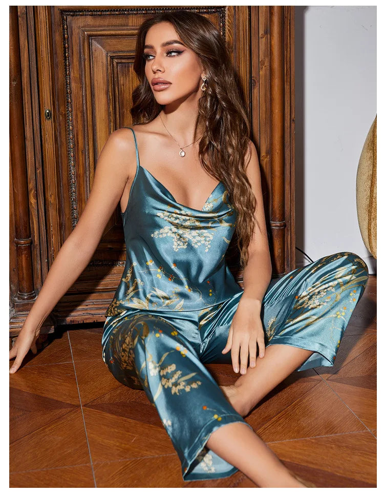 Women 4PCS Pajamas Kimono Bathrobe Nightgown Print Cherry Flower Trouser Suit Sleepwear Loose Satin Home Wear Pyjama Pour Femme