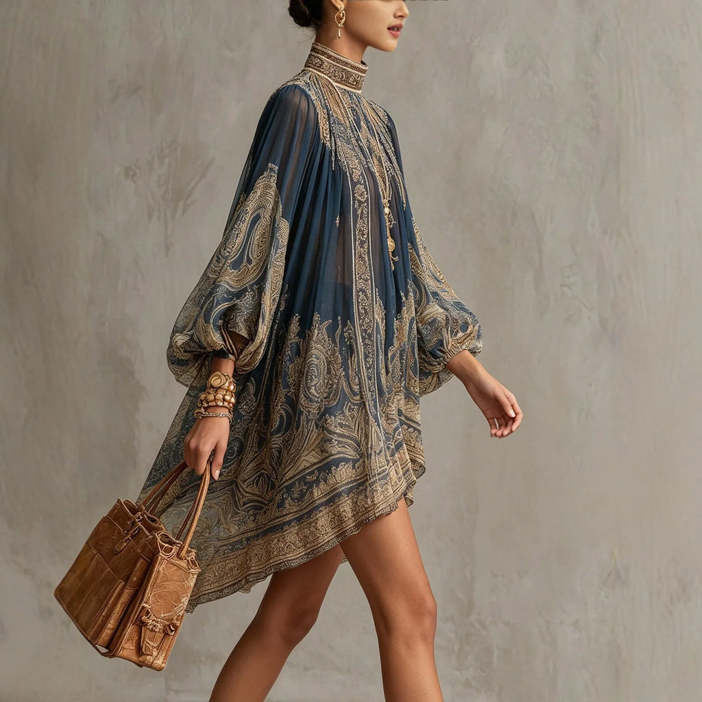 2026 New European and American Turtleneck Printed Chiffon Dress Loose Vacation Style Shawl Long-Sleeved Women's Dress