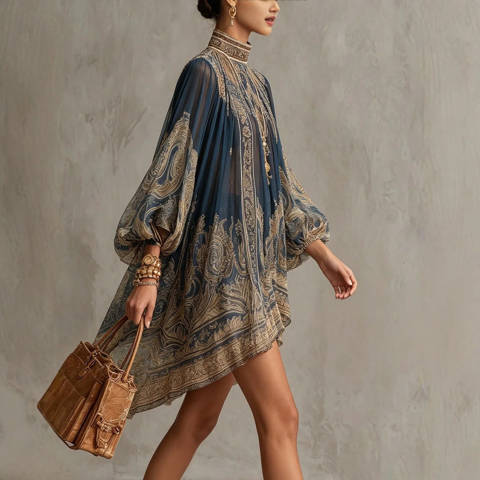 2026 New European and American Turtleneck Printed Chiffon Dress Loose Vacation Style Shawl Long-Sleeved Women's Dress