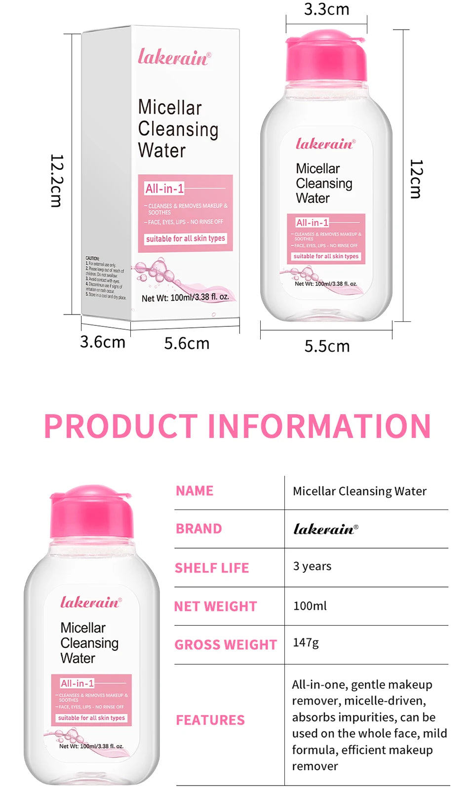 100ml Micellar Cleansing Water Makeup Remover Liquid For Face Eyes Lips Deep Cleansing Refreshing Non Tight Gentle Daily Facial Skin Care Cosmetics