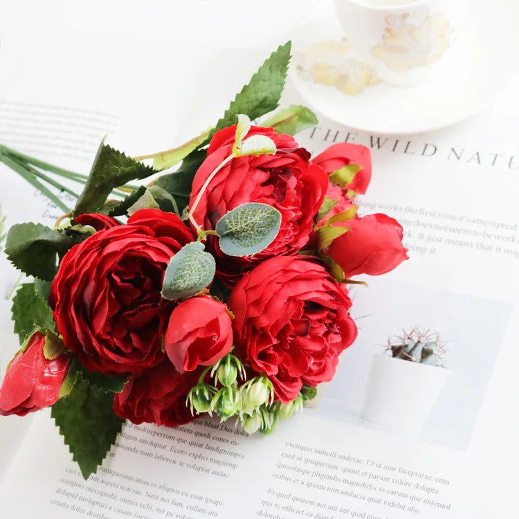 Artificial Flowers Rose Silk Peony Brial Bouquet Home Room Table Decora Festival Wedding Scrapbook Fake Plants Diy Gifts Props