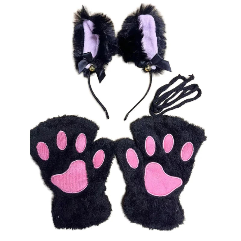 5Pcs Sets Cat Paw Gloves Winter Cute Cartoon Girl Open Finger Gloves Bell Headband Fox Cat Ear Headwear