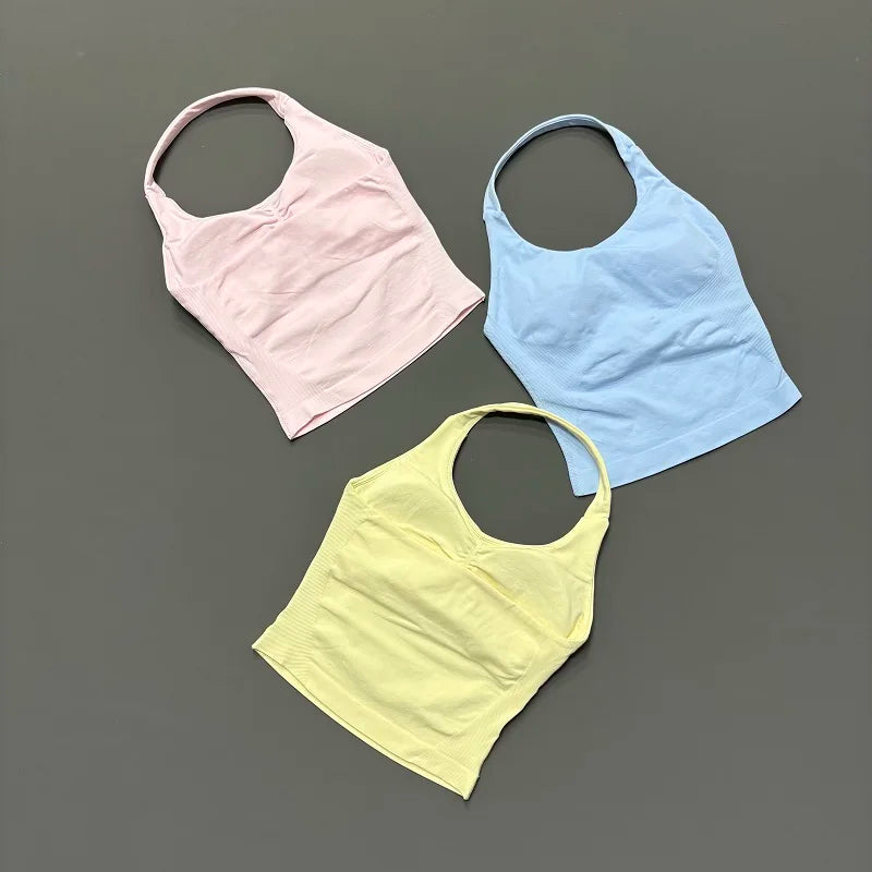 Halter Yoga Tank Top Women Sexy Seamless Strappy Backless Slim Fit Padded Breathable Gym Fitness Running Workout Sports Tops