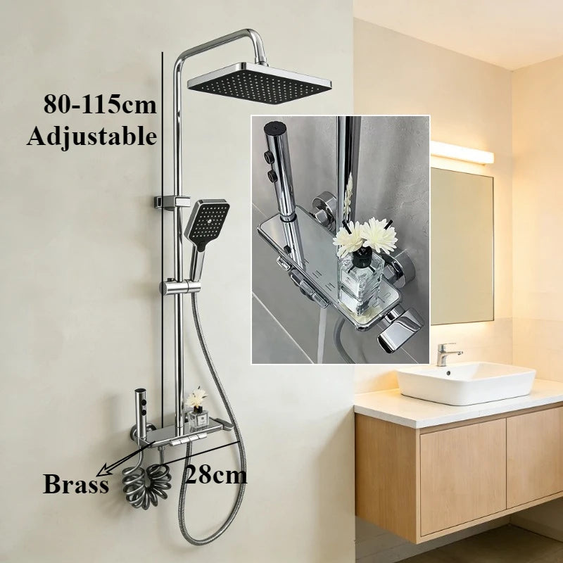 Four Ways Water Outlet Brass Bathroom Shower Set Hot Cold Bathroom Shower Faucet Full Set Grey/Chrome Rainlfall Shower System