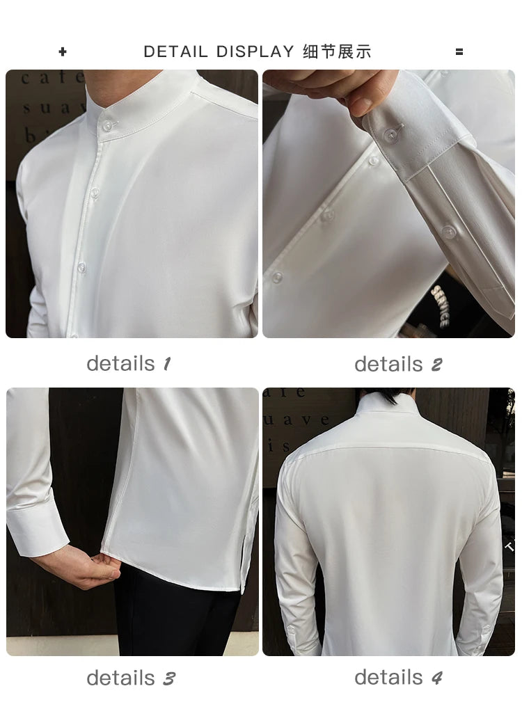 Business Dress white Shirt for Men 2026 British style Long Sleeved Solid Color Casual Elastic Slim Fit Shirt for Men's Clothing