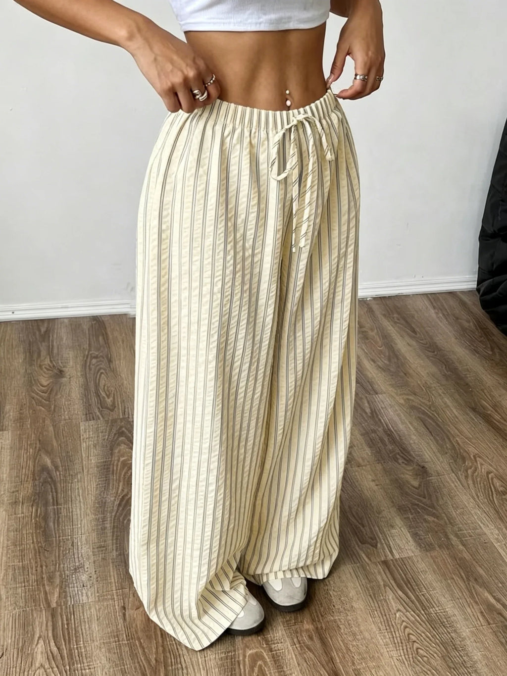 Women's Casual Striped Wide-Leg Pants   Summer Commute Fashion Drawstring Elastic Waist  Versatile Relaxed Straight Leg Trousers