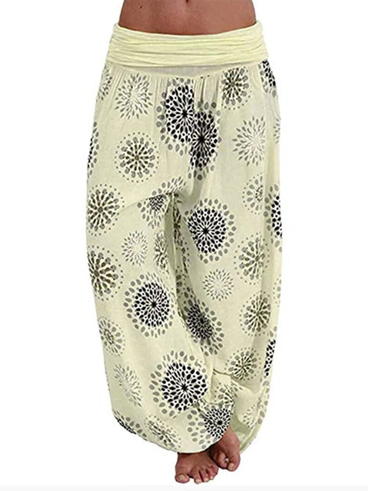 Women's Pants Floral Printed Patchwork Pleaded Harem Pants Bohemian Female High Waist Wide Leg Trousers Casual Ladies Streetwear