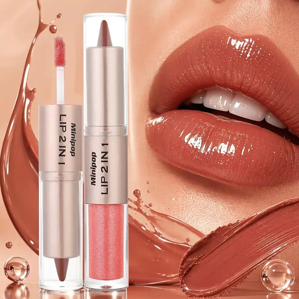 Waterproof Contour Non Stick Makeup Double-headed Matte Mirror Design Lip Glaze Nude Brown 2-in-1 Tapered Gradient Lip Liner Pen