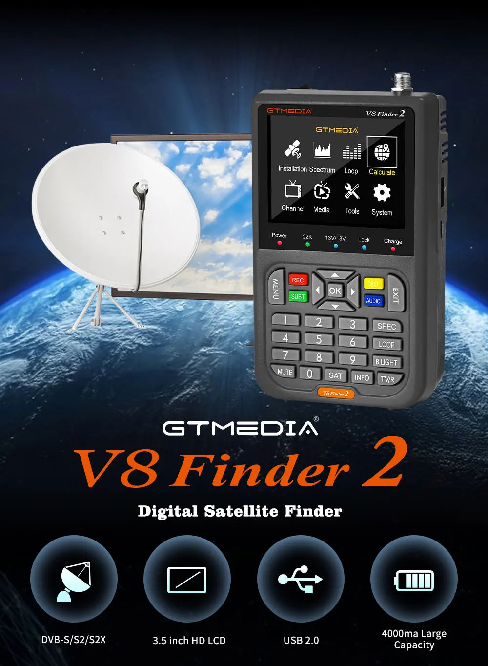 GTMEDIA V8 Finder 2 Satellite Finder Meter DVB-S/S2/S2X 3.5"LCD Display 1080P,18W Type-C Port Satfinder VS Freesat Finder Meter