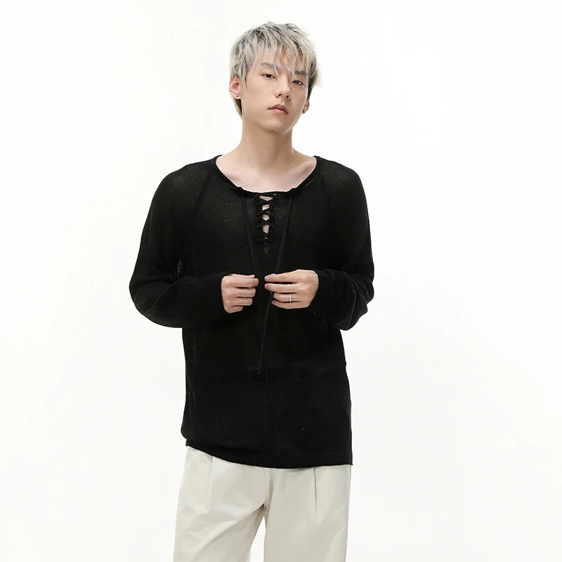 IEFB Niche Design Men's Tees Long Sleeved Round Collar Lace-up Solid Color Simple Tops Loose Pullover Male Tees Autumn 9X533