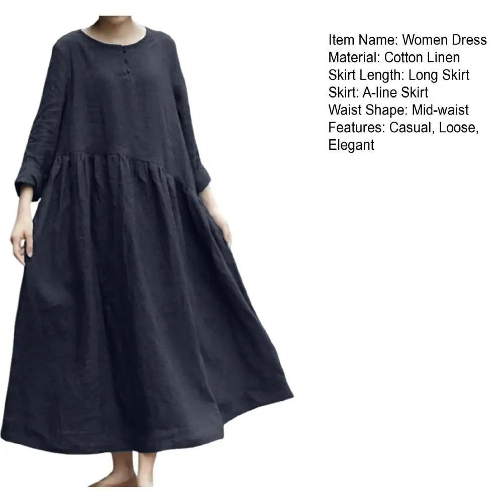 Women's Cotton Linen Maxi Dress Long Sleeve Button Up Crewneck Long Dress with Pockets Plus Size Casual Flowy Beach Sundress
