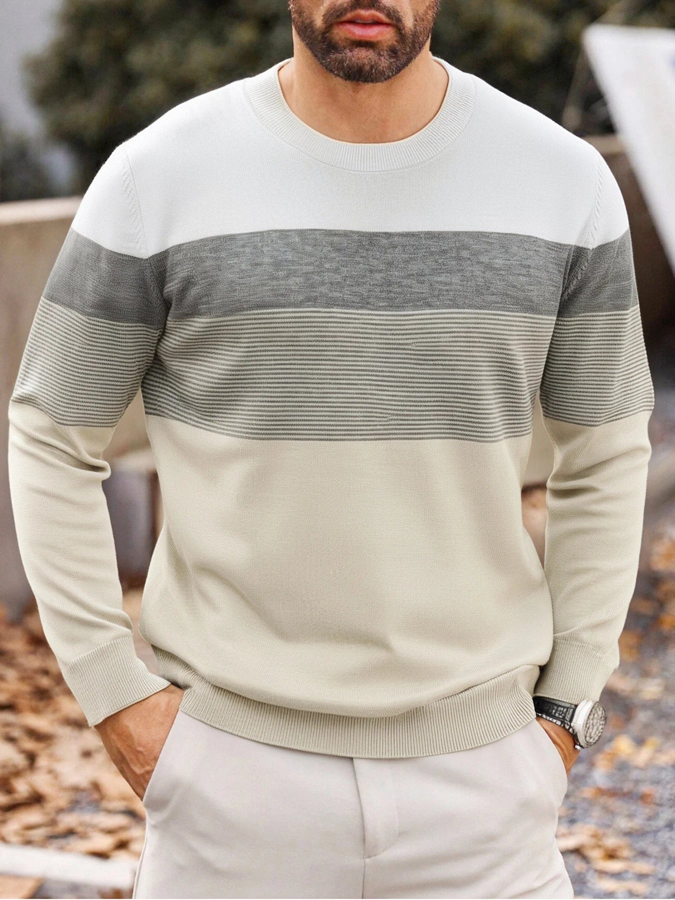 Men Spring Autumn Crew Neck Color Block Horizontal Striped Knit Sweater Long Sleeve Slim Casual Pullover Tops