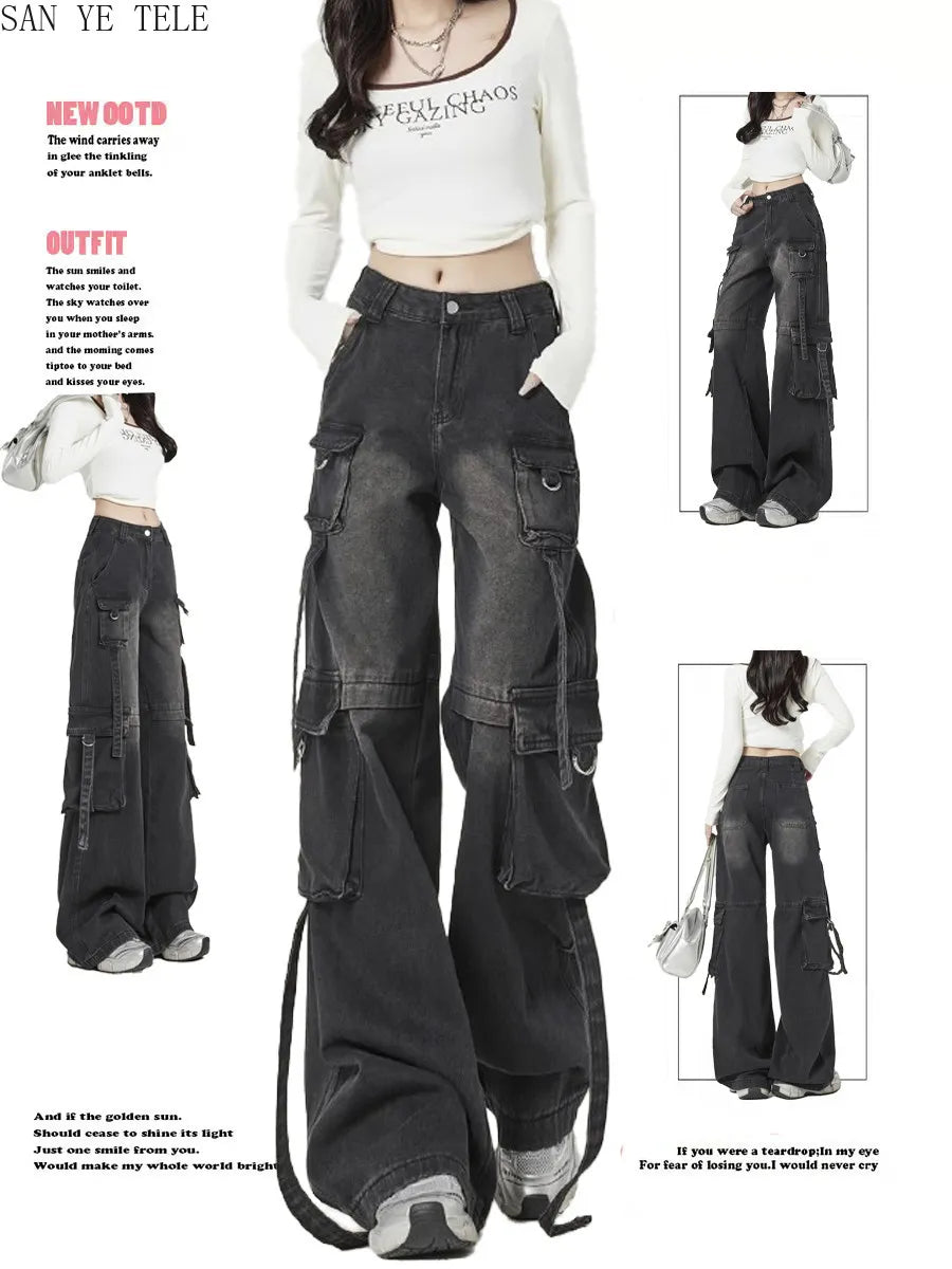 Black Gray Multi Pocket Cargo Jeans Women's Y2K Gothic Baggy Harajuku Oversize Denim Trousers Washed Straight Leg Wide Leg Pants