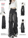 Black Gray Multi Pocket Cargo Jeans Women's Y2K Gothic Baggy Harajuku Oversize Denim Trousers Washed Straight Leg Wide Leg Pants