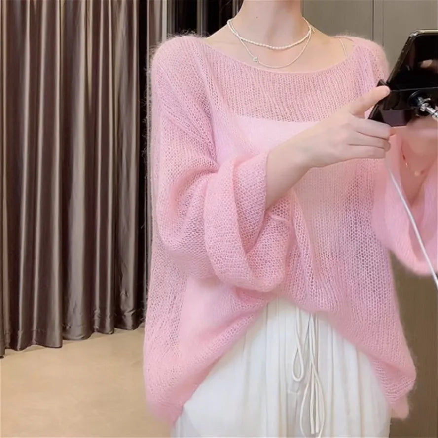 Korean Style Office Basic 2023 Pullovers Women Solid Summer Hollow Out Thin Fashion Loose Sun-proof Casual Cozy Popular Tops