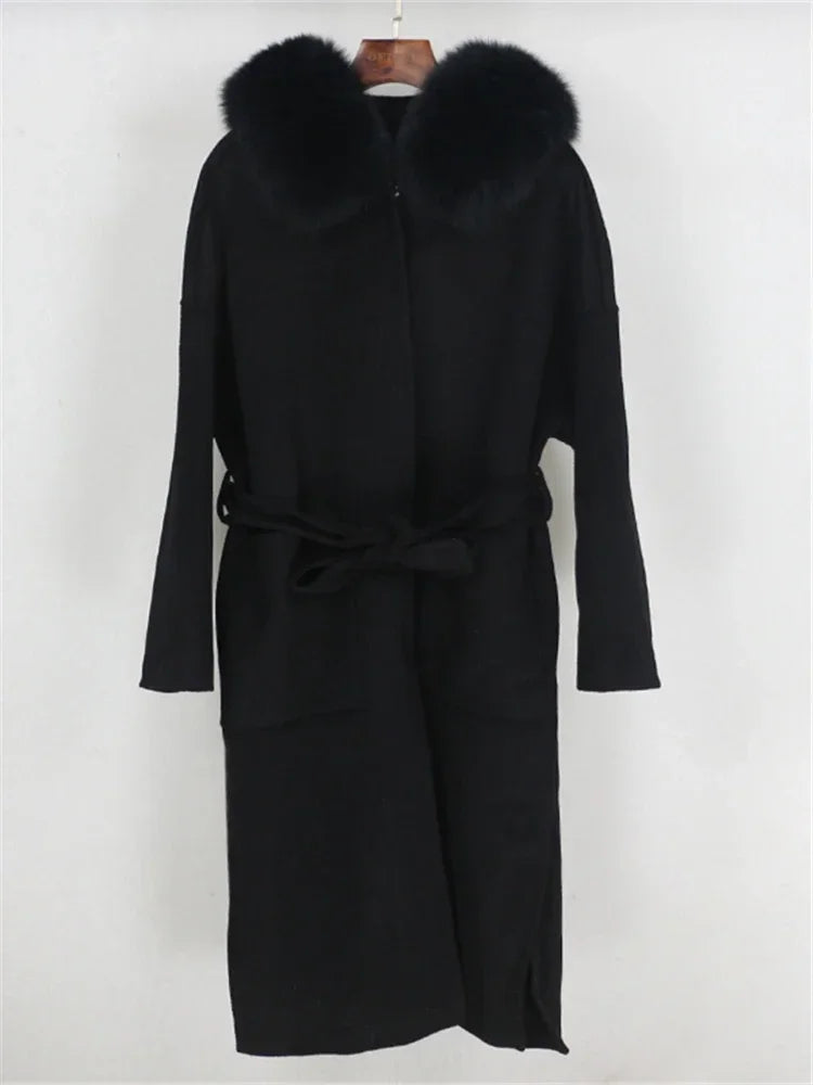 Real Fur Wool Outerwear Wool Blends Coat Natural Fox Fur Collar Hooded Cashmere Winter Jacket for Women Streetwear High Street