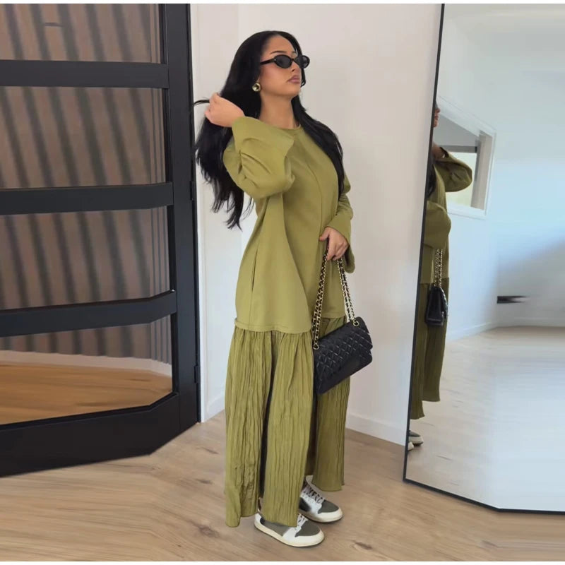 Solid Color Loose Fit Flare Sleeve Tiered Dress Crew Neck Ruffle Hem Pleated Long Maxi Dresses 2026 Spring Chic Casual Outwear