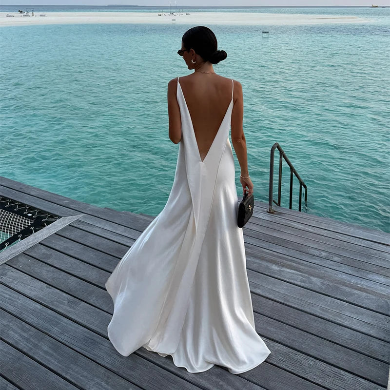 Backless Women Dress Satin Spaghetti Strap Maxi Dresses Back Tail Cowl Drape Front Neck Side Split Hem Elegant Evening Bodycon