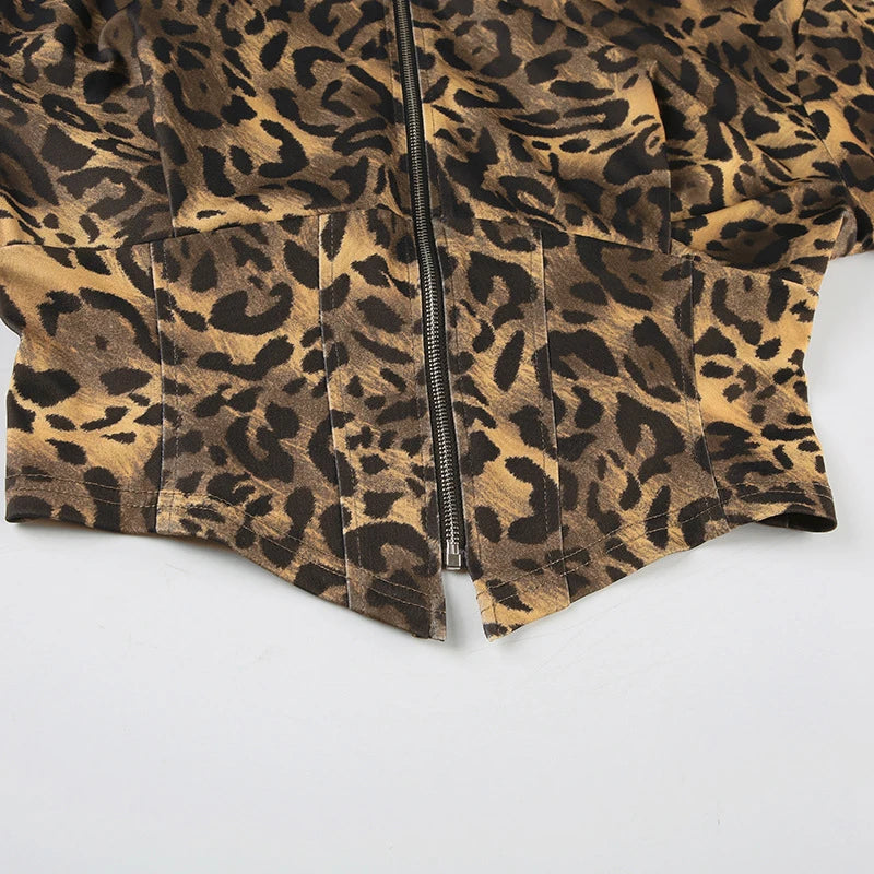 BKLD Women's Classic Hooded Long Sleeved Patchwork Irregular Sexy Zip Up Corset Short Jacket Street Style Leopard Coat Outerwear