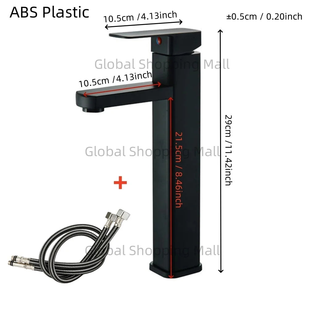 Bathroom Faucet Single Hole Single Handel Hot and Cold Water Mixer Tap Deck Mounted in Black and Chrome Square Basin TapBathroom