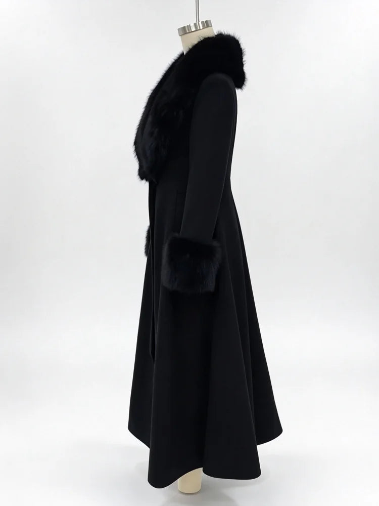 Women Detachable Faux Fur Collar Long Wool Blend Elegant A‑line Maxi Dress Coat Winter Vintage Luxury Slim Fit Wedding Outerwear